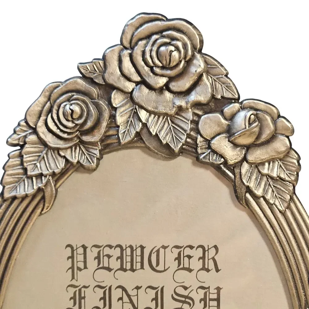 Vintage Weston Gallery Pewter Oval Picture Frame 5x7 Ornate Rose Bow Tabletop